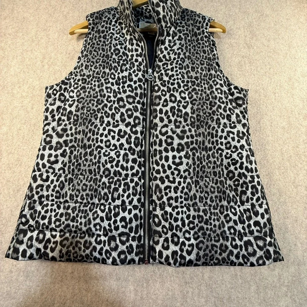 Michael Michael Kors Womens Grey Leopard Print Puffer Vest Size M Full Zip Logo